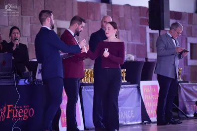 Dancesport competitor: Man in foreground: navy blue suit