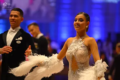 Dancesport competitor: Male dancer: black suit with a white shirt and white bow tie
