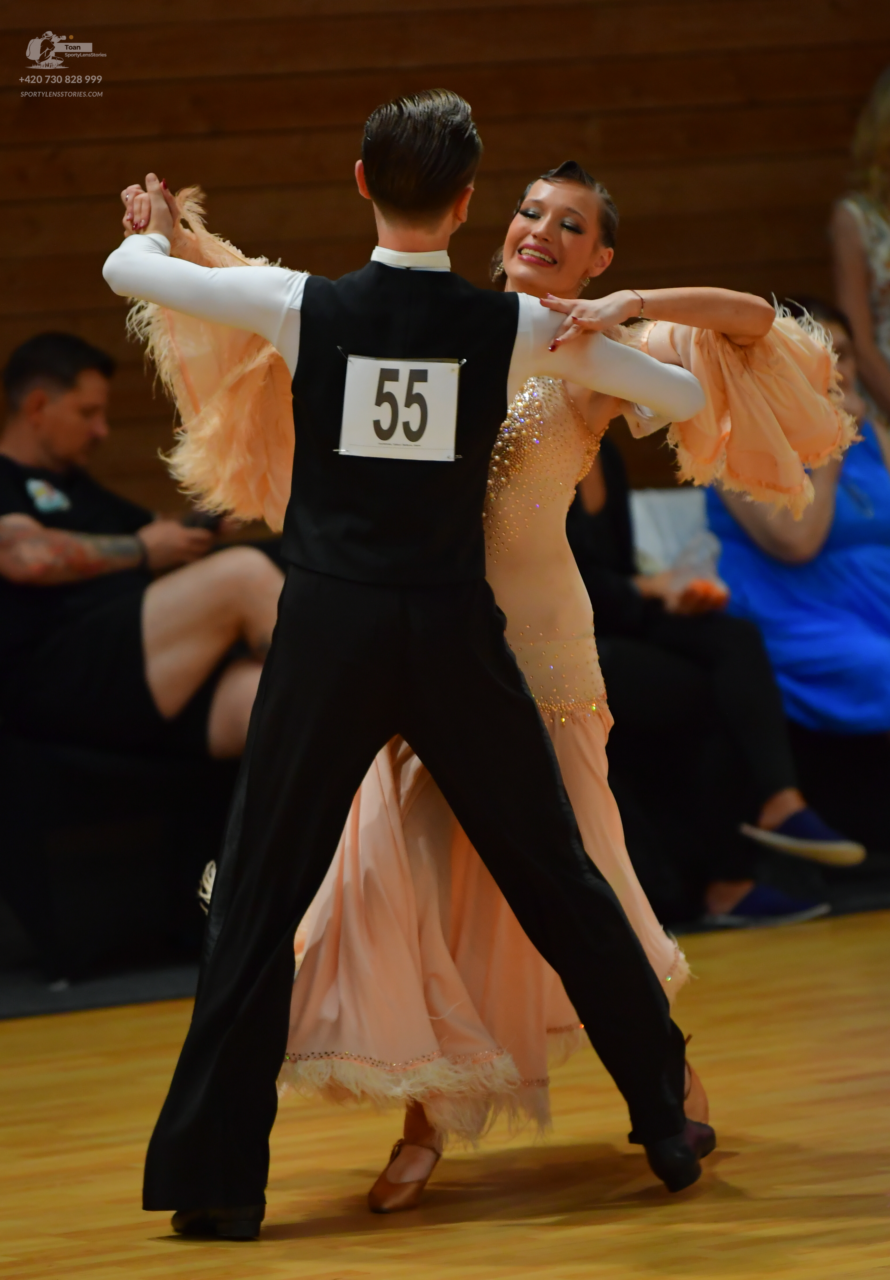 Dancesport competitor #55: Male dancer: black waistcoat over a white long-sleeved shirt and black trousers