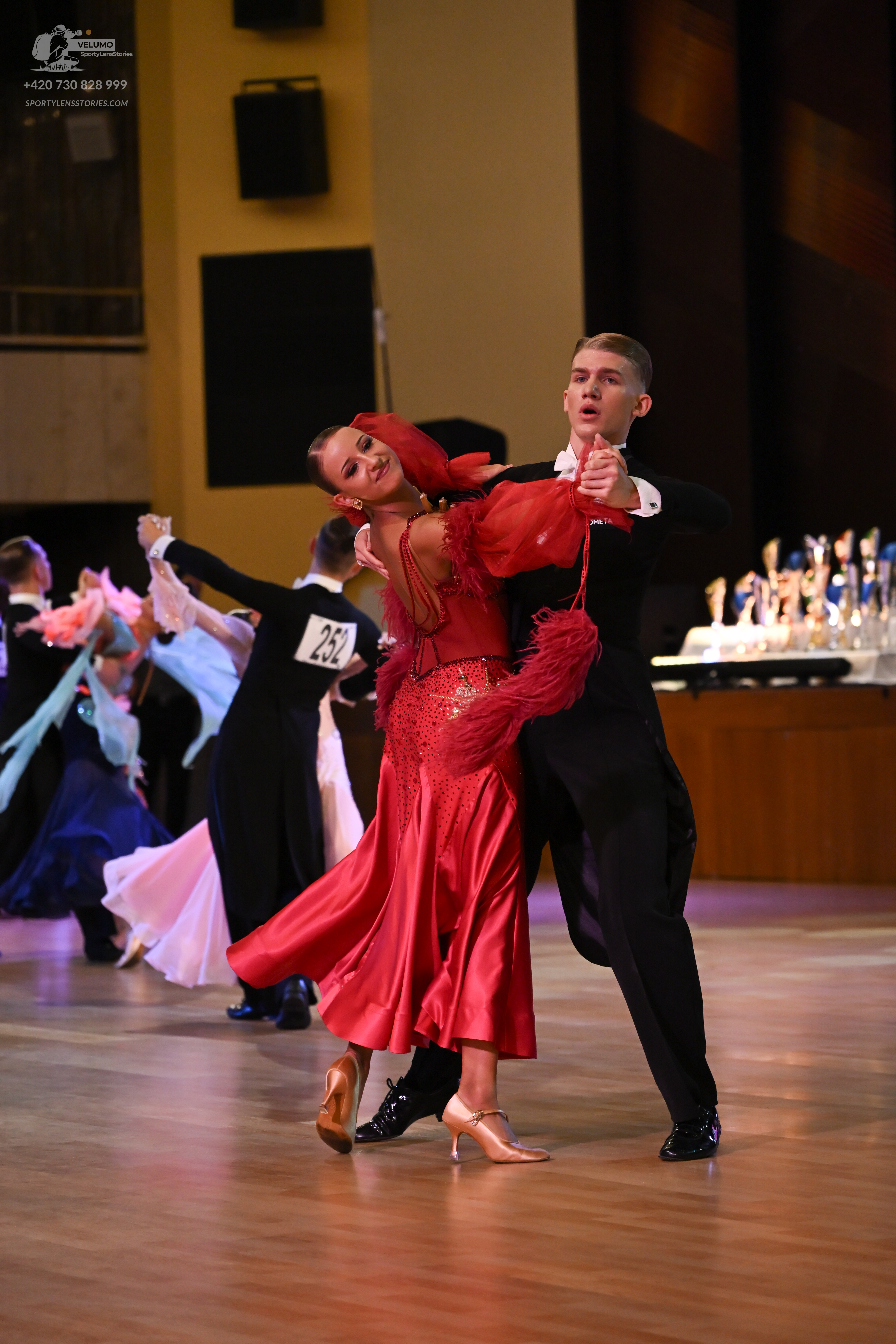 Dancesport competitor: Okay, here's a breakdown of all the dancers' costumes in the photo, formatted as