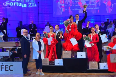 Dancesport competitor: Male dancers: black suits, white shirts, and black ties