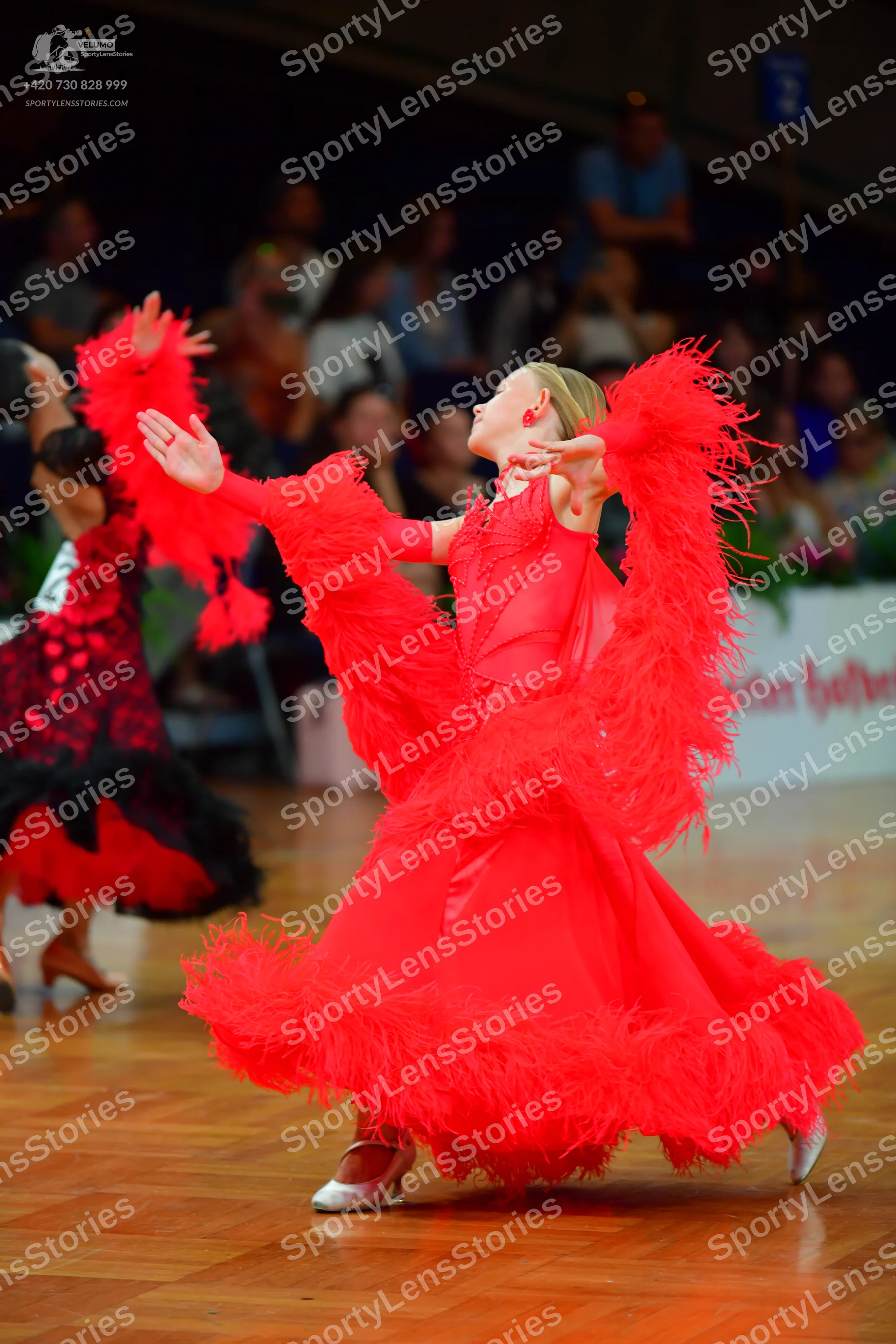 Dancesport competitor: Female dancer in foreground: red ballroom dress with voluminous red feather frin