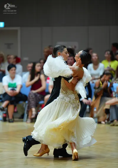 Dancesport competitor: Male dancer: black ballroom suit with black trousers and black dance shoes