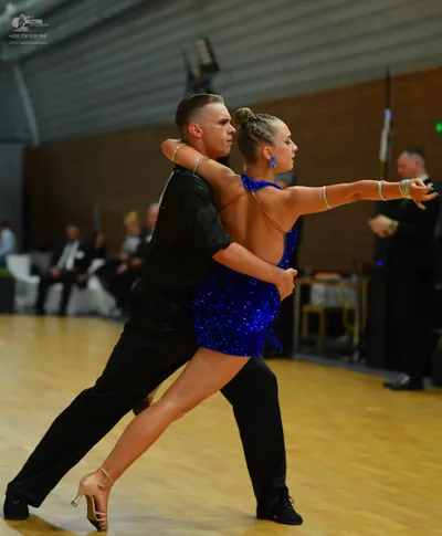 Dancesport competitor: ** Black tailsuit
*   **Fabric:** Primarily sequins with a sheen