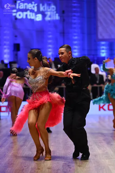 Dancesport competitor: Female dancer: silver sequined bodice with a bright pink fringe skirt