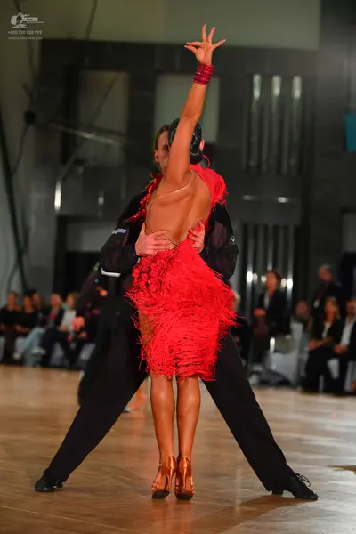 Dancesport competitor: Female dancer: red Latin dress with fringe and an open back, paired with red ban