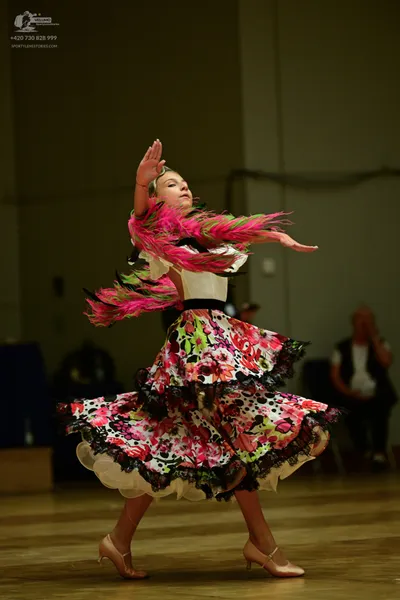 Dancesport competitor: ** Red Latin Dress
*   **Color:** Primarily vibrant red with white and pink flor