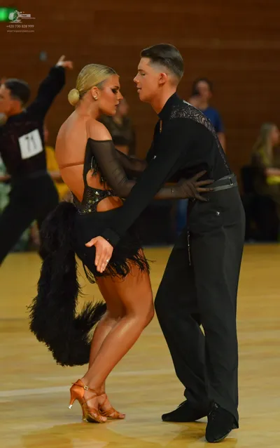 Dancesport competitor: ** Red Latin dress
*   **Color:** Primarily red
*   **Fabric:** Satin (appears t