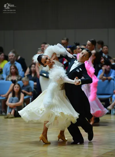Dancesport competitor: Male dancer: black formal ballroom suit with a white shirt and white bowtie