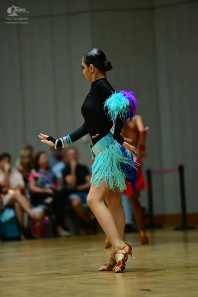 Dancesport competitor: ** Turquoise Latin dress