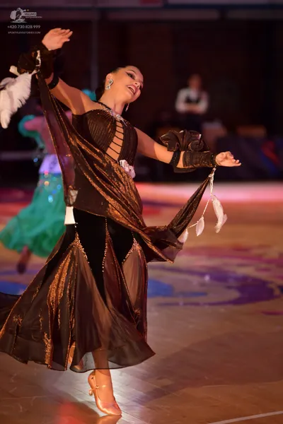 Dancesport competitor: Female dancer: black and bronze latin dress with shimmering fabric, sheer panels