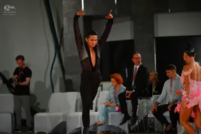 Dancesport competitor: Male dancer: black long-sleeved shirt with sequins on the chest and black trouse