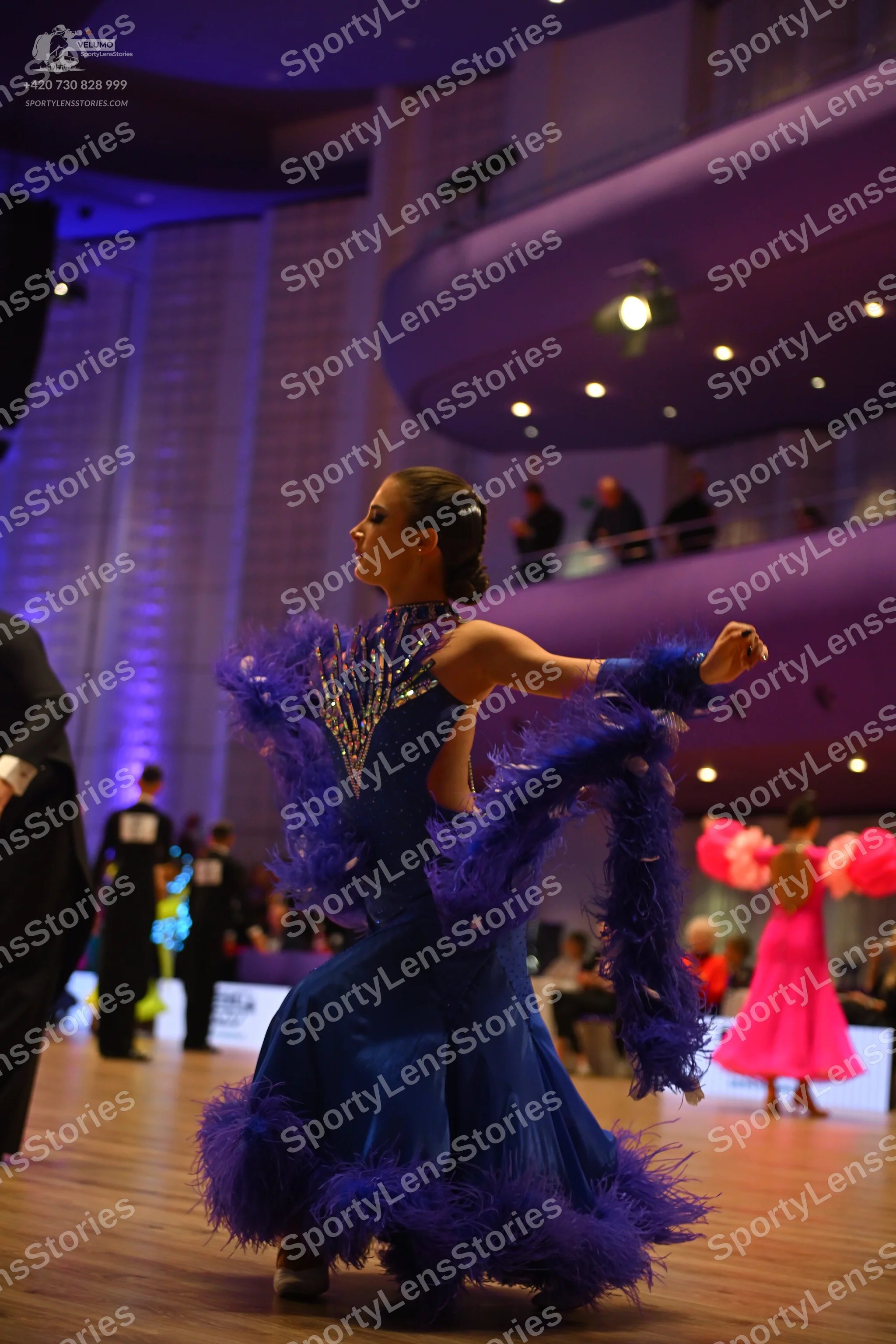 Dancesport competitor: Female dancer in foreground: deep blue/purple ballgown with ostrich feather trim