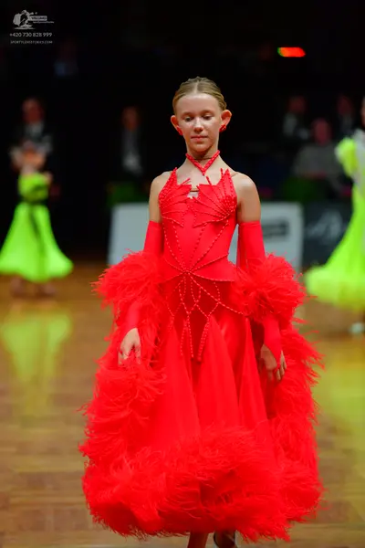 Dancesport competitor: Female dancer: red ballroom dress with a voluminous red feather skirt and an int