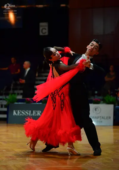 Dancesport competitor: Male dancer: black suit with white shirt and white bow tie