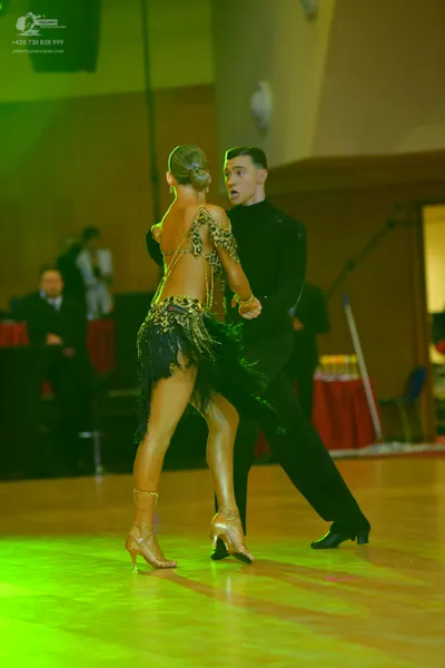 Dancesport competitor: Female dancer: gold and black animal print latin dress with black fringe skirt a