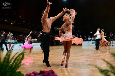 Dancesport competitor: Male dancer (center): champagne-colored long-sleeved shirt and black trousers