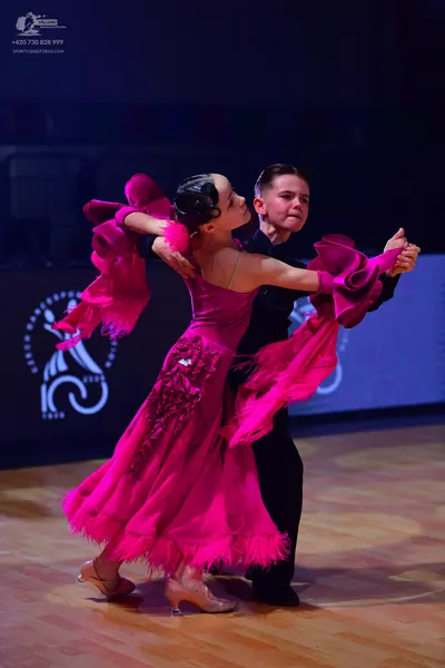 Dancesport competitor: Female dancer: bright pink latin dress with large ruffled sleeves and fringe tri