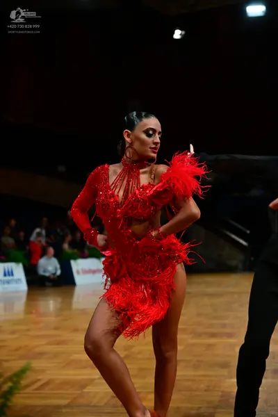 Dancesport competitor: Female dancer: red latin dress with long sleeves, sequins, and heavy red fringe