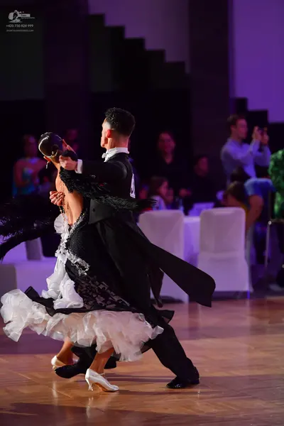 Dancesport competitor: Male dancer: black tailcoat, white shirt, black bow tie, and black trousers