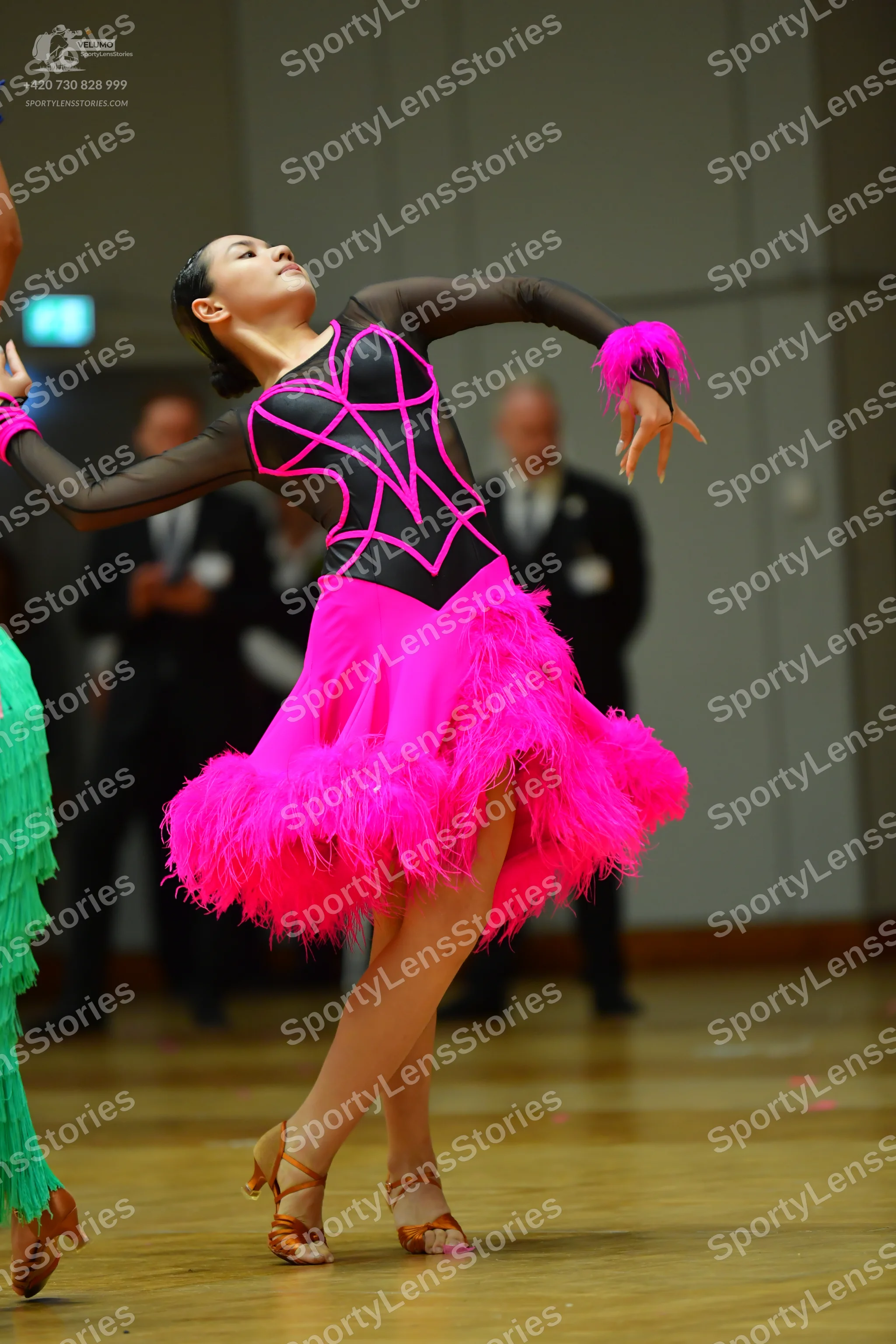 Dancesport competitor: Main female dancer: dark brown long-sleeved Latin dress with black graphic lines