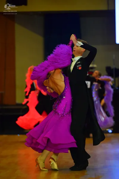 Dancesport competitor: Female dancer: purple ballroom dress with sequin embellishments on the bodice an