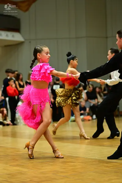 Dancesport competitor: Female dancer 1: bright pink Latin dress with ruffled sleeves and a fringe skirt