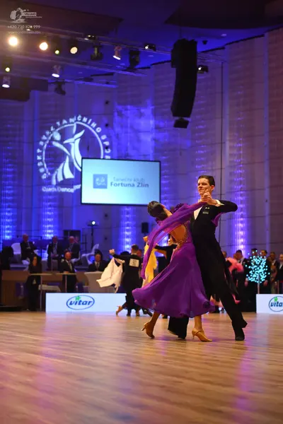 Dancesport competitor: Female dancer: purple/violet flowing dress