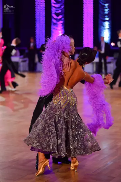 Dancesport competitor: Main female dancer: backless ballroom dress with a voluminous silver and grey pa