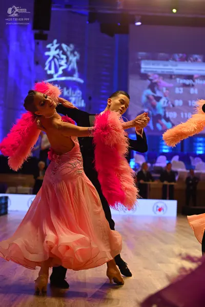 Dancesport competitor: Female dancer: pink ballgown with a ruffled skirt and large pink feather accents