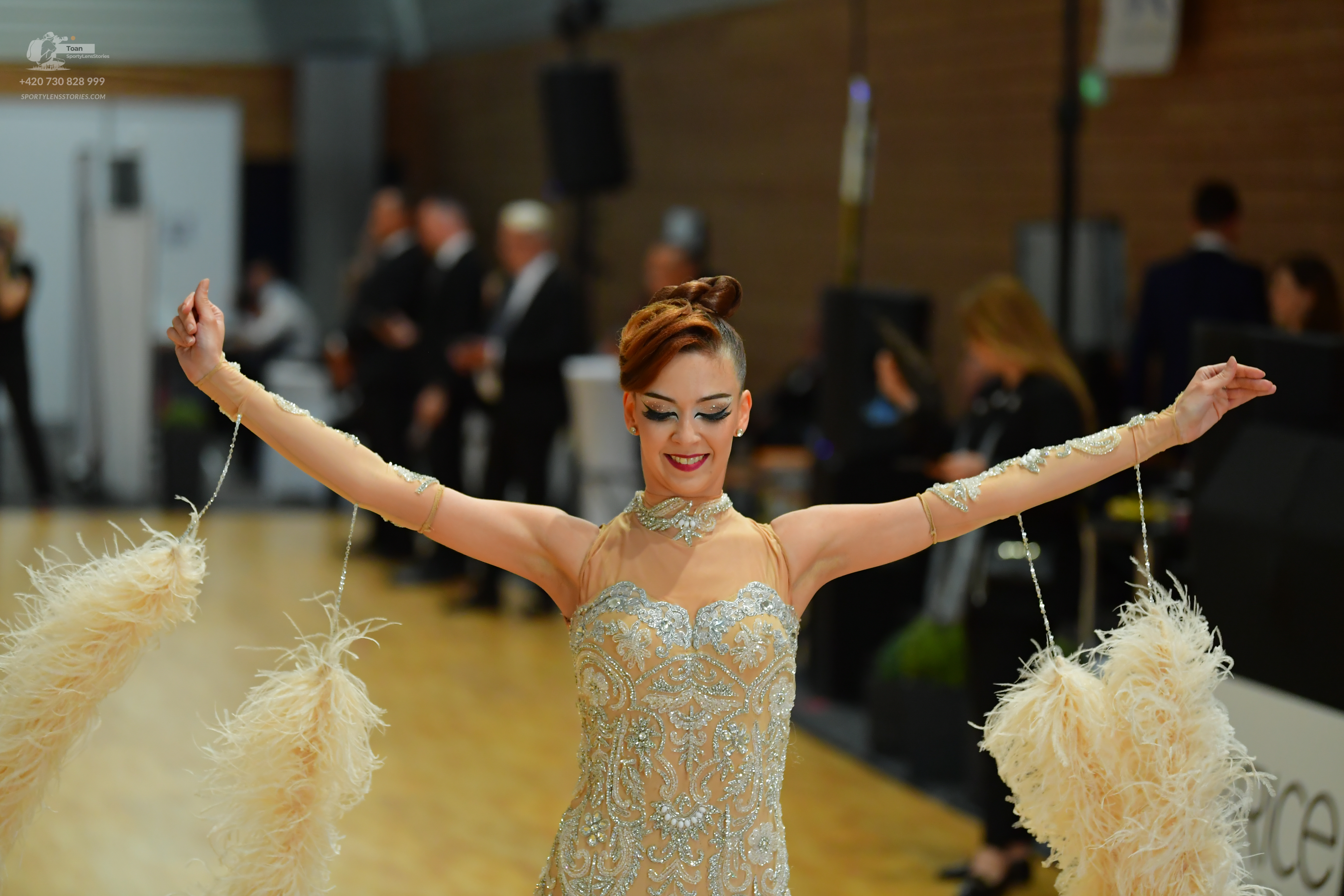 Dancesport competitor: Female** (Main dancer in focus)
*   **Color:** Pale gold/champagne with silver a