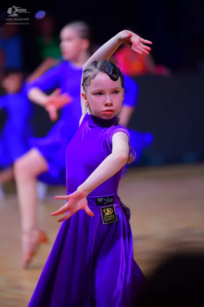 Dancesport competitor: Female dancer: purple satin ballroom dress with long sleeves, high neckline, and