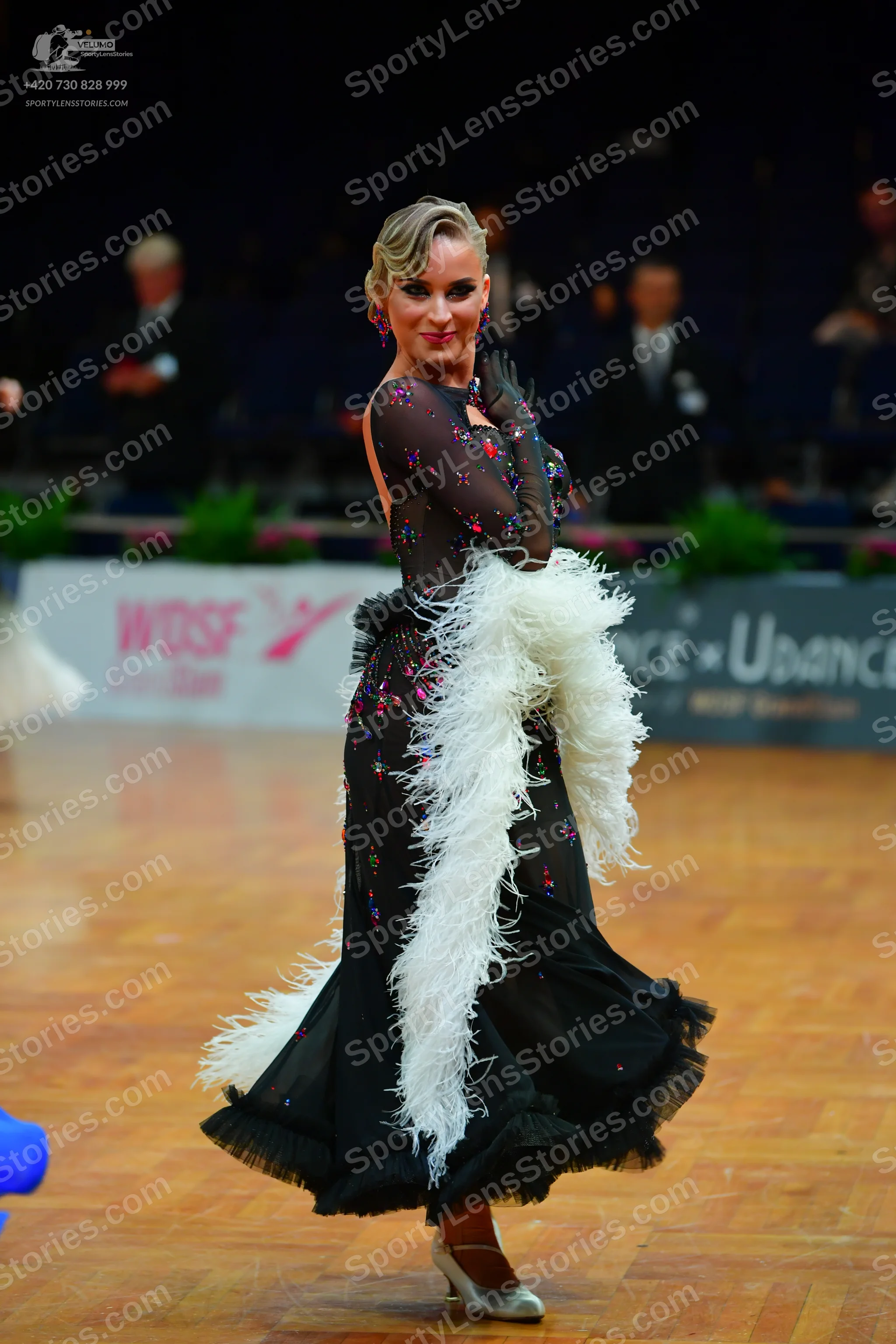 Dancesport competitor: Female dancer: long-sleeved black ballroom dress made of sheer fabric decorated