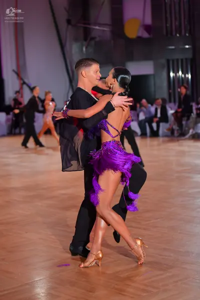 Dancesport competitor: Main female dancer: purple latin dress with long fringe