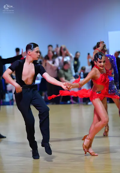 Dancesport competitor: Male dancer: black short-sleeved shirt with a deep V-neck and black trousers
