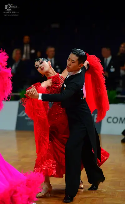 Dancesport competitor: Male dancer: black ballroom tailcoat, white shirt, black trousers, and black pat