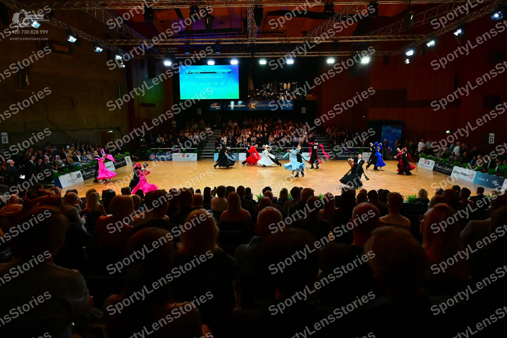 Dancesport competitor: Female dancers: various ballroom gowns in colors including magenta, white, light