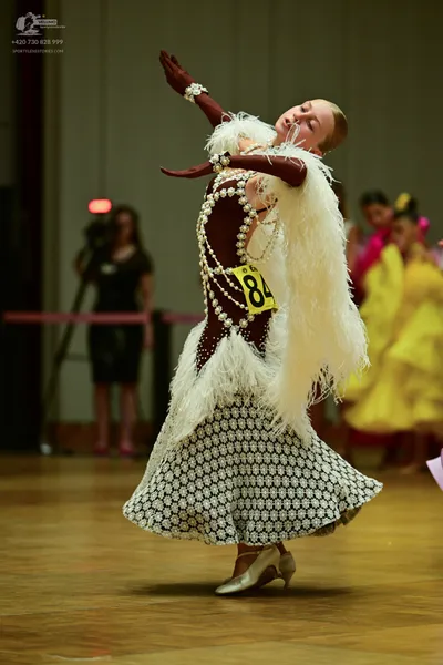 Dancesport competitor: ** White lace ballgown with a large, fluffy white feathered bolero jacket draped