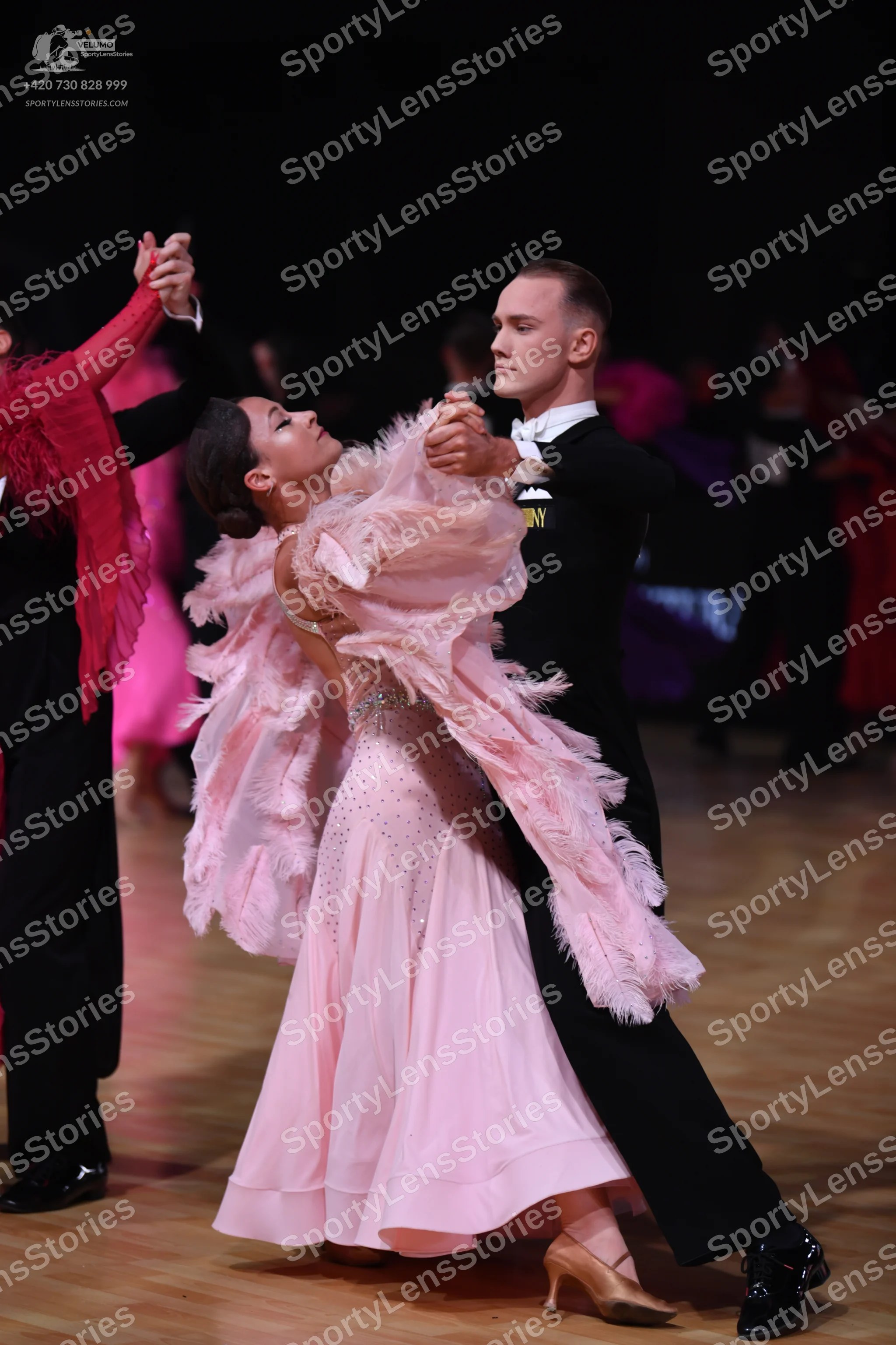 Dancesport competitor: Female dancer: light pink ballgown with voluminous, feathery pink trim and sequi