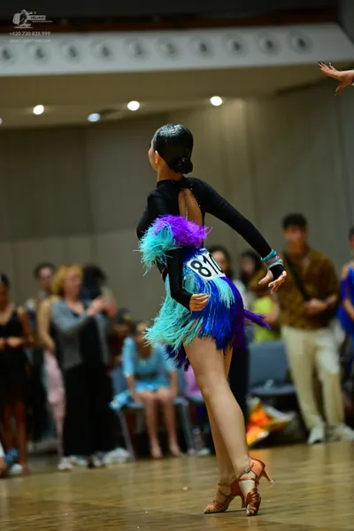 Dancesport competitor #810: Female dancer: black long-sleeved latin dress with a multi-colored fringe skirt 