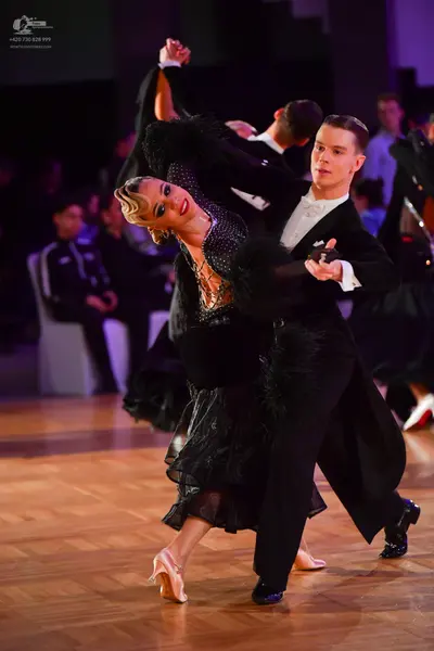 Dancesport competitor: Female dancer: black ballroom dress with a sequined bodice, feathery trim on the