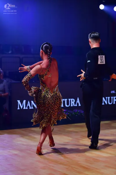 Dancesport competitor: Female dancer: leopard print latin dress, backless with one long sleeve