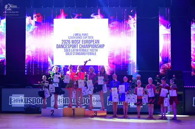 Dancesport competitor: Female dancer 1 (podium left): black dress