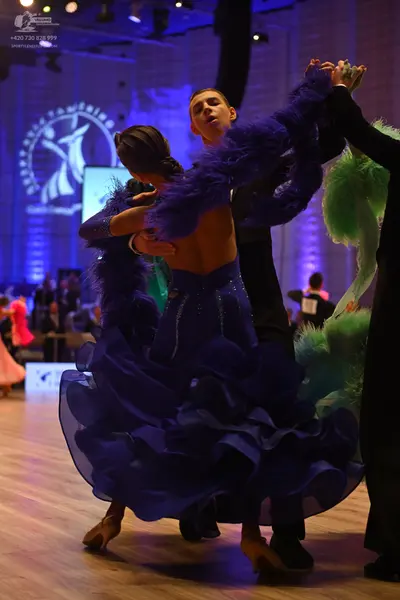 Dancesport competitor: Female dancer: navy blue ballgown with many layers of ruffled, sheer fabric and 