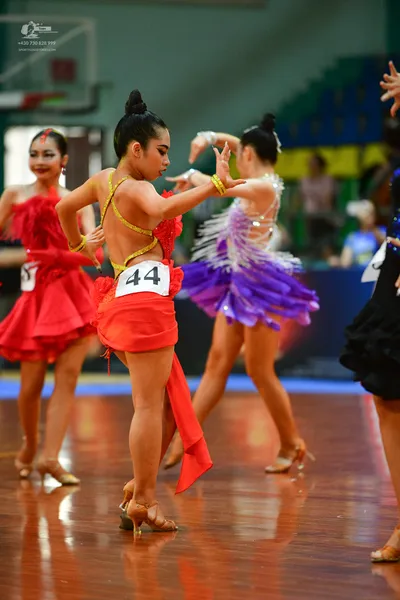 Dancesport competitor #44: ** Red Latin dress
*   **Color:** Deep, vibrant red
*   **Fabric:** Satin (appea
