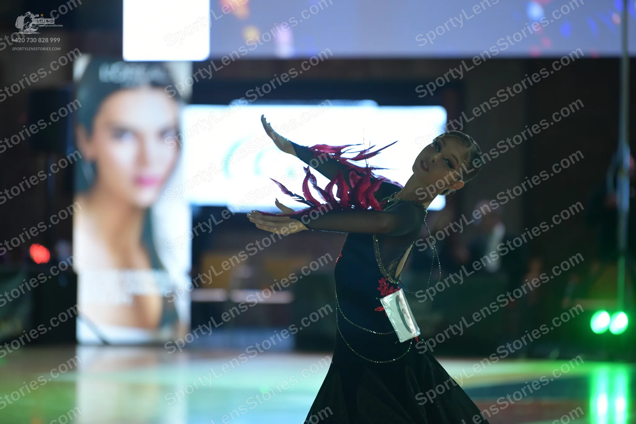 Dancesport competitor: Female dancer: dark (black or navy) ballroom dress with long, sheer sleeves feat