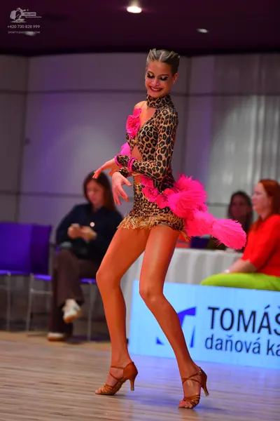 Dancesport competitor: Female dancer: leopard print Latin dress with long sleeves, pink feather/fringe 