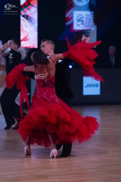 Dancesport competitor: Female dancer: red Latin dress with voluminous red fringe/feathers on the sleeve
