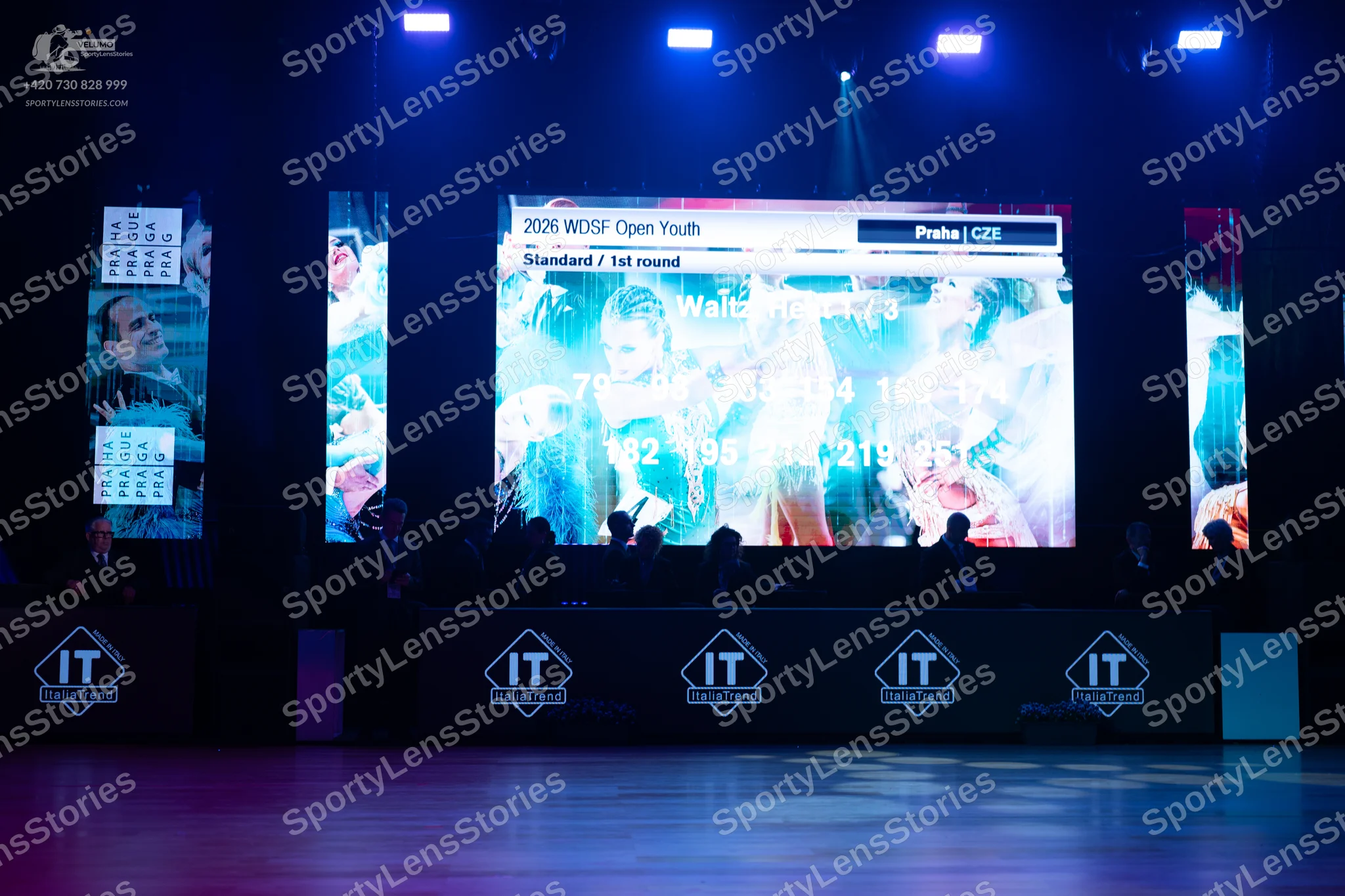 Dancesport competitor: The dancers shown on the large screen are primarily blurred figures or silhouett