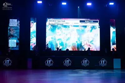 Dancesport competitor: The dancers shown on the large screen are primarily blurred figures or silhouett